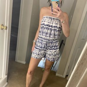 Blue & white strapless romper